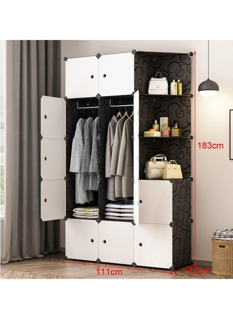 WALALLA Portable Closets Cube Wardrobe 15 Cube Modular Storage Cabinet with 2 Hanging Rail & Door Large Organizer Cupboard Combination Bedroom Armoire Plastic Bin Clothing Cabinet for Books Toys Towels Shoes - Image 5